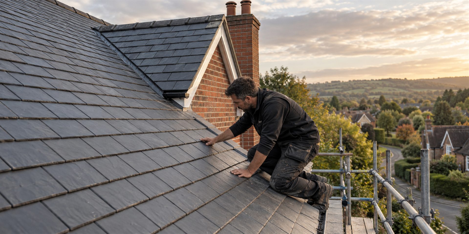 Sample image of a roofer inspecting a slate roof on a Hampshire-style home