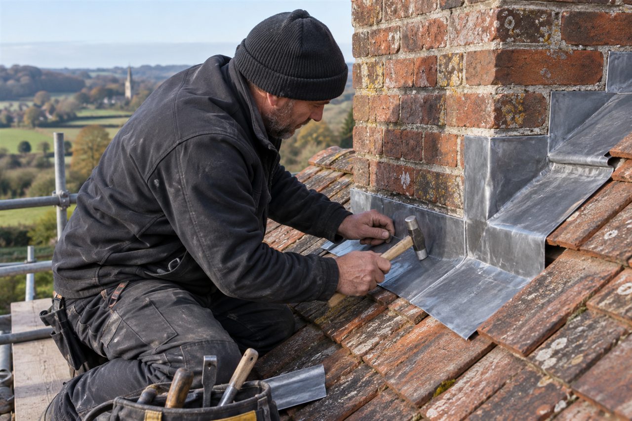 Sample image of a roofer repairing lead flashing around a brick chimney